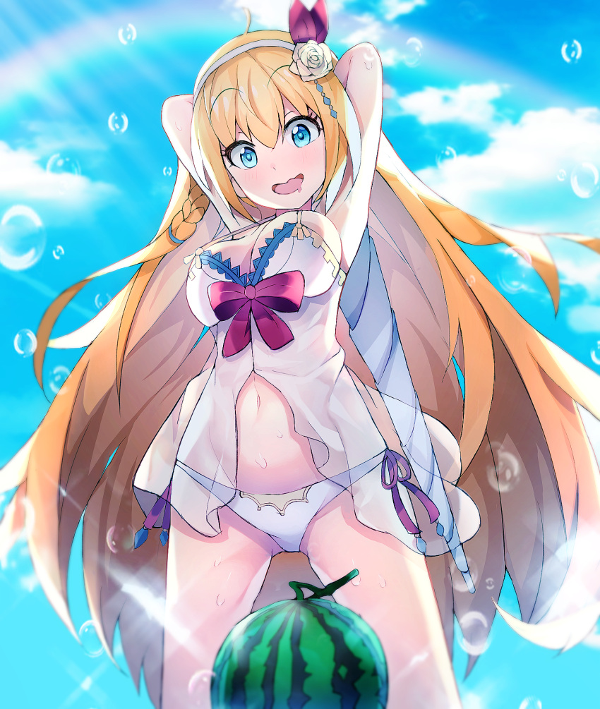 1girl ahoge aqua_eyes arms_up bikini blonde_hair bow braid braided_bangs breasts bubble commentary_request dot_nose eyebrows_visible_through_hair eyelashes flower food fruit hair_between_eyes hair_flower hair_ornament headband highres holding holding_umbrella legs_apart long_hair medium_breasts navel open_mouth outdoors pecorine_(princess_connect!) princess_connect! rainbow red_bow rose saliva see-through see-through_shirt solo standing suikawari swimsuit t373412 umbrella very_long_hair watermelon wet white_bikini white_headband white_swimsuit