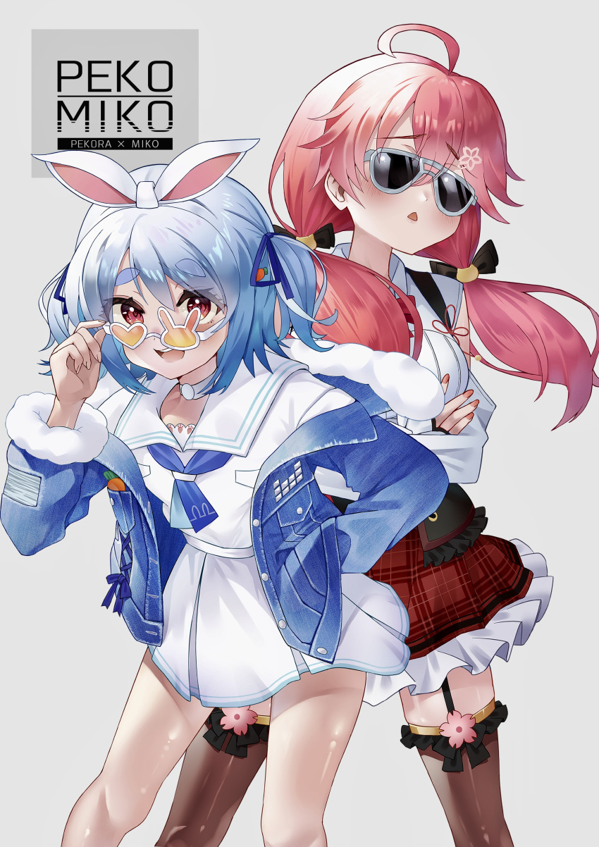 2girls :&lt; :d absurdres adjusting_eyewear ahoge animal_ears arm_behind_back bangs blue_hair blue_jacket brown_legwear character_name chestnut_mouth commentary_request crossed_arms eyebrows_visible_through_hair feet_out_of_frame frilled_skirt frills fur-trimmed_sleeves fur_trim garter_straps grey-framed_eyewear grey_background hair_between_eyes hand_on_eyewear hand_up highres hololive jacket long_hair long_sleeves looking_at_viewer low_twintails multiple_girls nail_polish off_shoulder open_clothes open_jacket orange-tinted_eyewear parted_lips pink_hair plaid plaid_skirt pleated_skirt rabbit_ears red_eyes red_nails red_skirt rykysd sakura_miko shirt short_eyebrows simple_background skirt smile standing sunglasses teeth thick_eyebrows thigh-highs tinted_eyewear triangle_mouth twintails two_side_up upper_teeth usada_pekora virtual_youtuber white-framed_eyewear white_shirt white_skirt