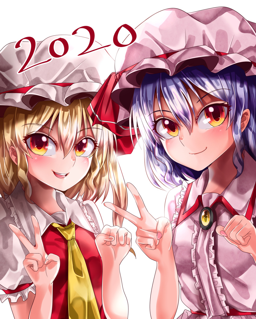 2020 2girls absurdres backlighting blonde_hair breasts brooch center_frills closed_mouth collared_shirt commentary_request eyebrows_visible_through_hair flandre_scarlet frilled_shirt frilled_shirt_collar frilled_sleeves frills hair_between_eyes hat hat_ribbon highres jewelry maboroshi_mochi medium_hair mob_cap multiple_girls necktie open_mouth orange_eyes pink_headwear pink_shirt puffy_short_sleeves puffy_sleeves purple_hair red_ribbon remilia_scarlet ribbon shiny shiny_hair shirt short_sleeves siblings side_ponytail simple_background sisters small_breasts smile teeth touhou upper_body upper_teeth v white_background white_headwear white_shirt yellow_brooch yellow_necktie