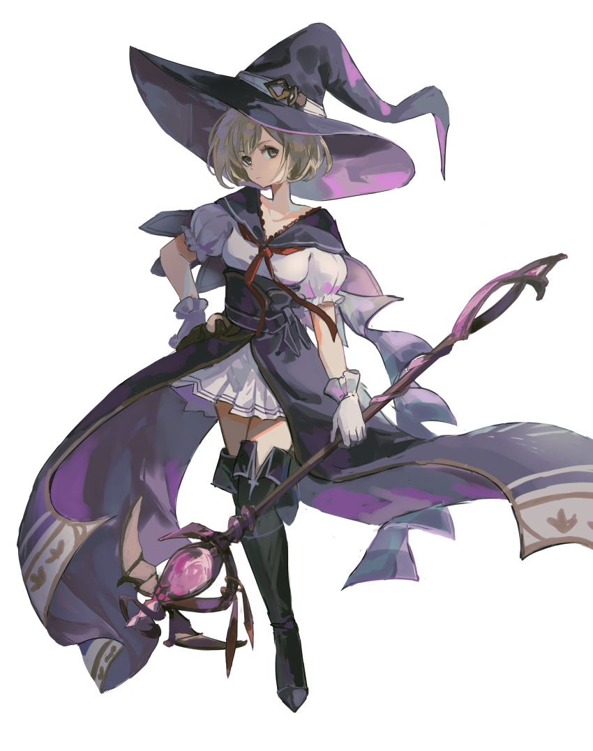 1girl absurdres aco_gbfg black_footwear blonde_hair boots breasts commentary djeeta_(granblue_fantasy) full_body gloves granblue_fantasy hand_on_hip hat highres holding holding_staff looking_at_viewer neckerchief puffy_short_sleeves puffy_sleeves purple_headwear red_neckerchief sash shirt short_hair short_sleeves small_breasts solo staff thigh-highs thigh_boots waist_cape warlock_(granblue_fantasy) white_gloves white_shirt witch_hat yellow_eyes