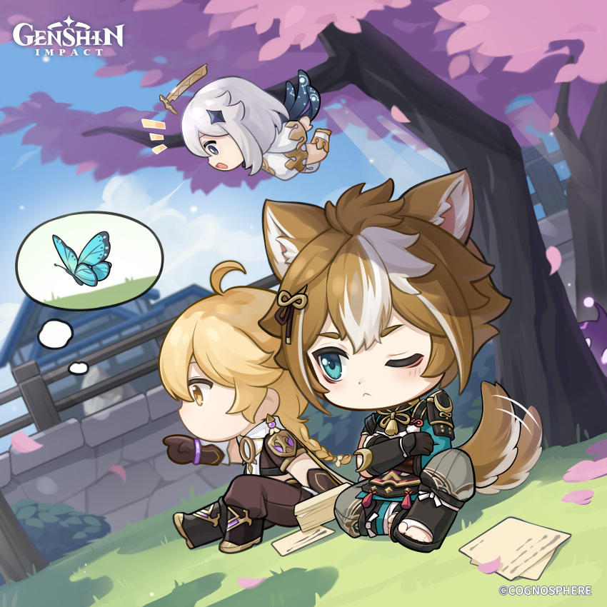 1girl 2boys :&lt; absurdres aether_(genshin_impact) animal_ears armor bangs blonde_hair brown_hair bug butterfly cherry_blossoms chibi closed_mouth crossed_arms day dog_boy dog_ears dog_tail dress english_commentary genshin_impact gloves gorou_(genshin_impact) hair_ornament halo highres japanese_armor japanese_clothes multicolored_hair multiple_boys notice_lines official_art one_eye_closed outdoors paimon_(genshin_impact) paper petals scarf sitting tail tail_wagging white_dress white_hair