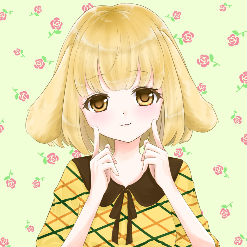 1girl animal_crossing animal_ears blonde_hair blush breasts closed_mouth commentary_request dog_ears dress eyebrows_visible_through_hair floral_background goldie_(animal_crossing) highres looking_at_viewer medium_breasts medium_dress personification rose_background smile solo too_co_7020 yellow_dress yellow_eyes