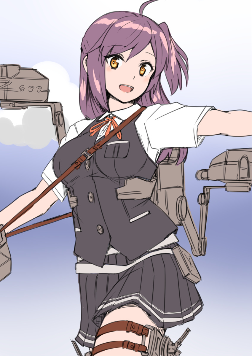 30-06 adapted_turret ahoge anti-aircraft anti-aircraft_gun between_breasts black_skirt black_vest blouse blue_sky breasts cannon clouds cloudy_sky collared_shirt cowboy_shot eyebrows_visible_through_hair gloves hagikaze_(kancolle) hair_between_eyes highres kantai_collection kerchief long_hair looking_at_viewer machinery medium_breasts neck_ribbon one_side_up open_mouth pleated_skirt purple_hair red_ribbon ribbon shirt short_sleeves skirt sky strap_between_breasts torpedo_launcher turret vest white_gloves white_shirt yellow_eyes