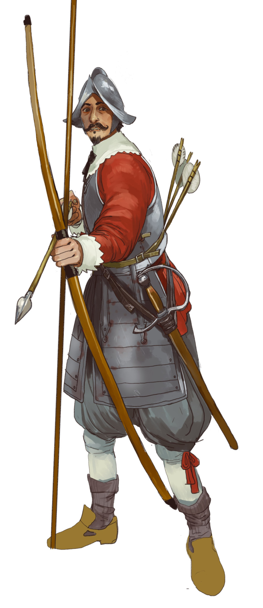 1boy absurdres armor arrow_(projectile) beard black_eyes bow_(weapon) breastplate facial_hair faulds grey_pants helmet highres holding holding_arrow holding_bow_(weapon) holding_weapon long_sleeves looking_at_viewer male_focus morion mossacannibalis mustache original pants puffy_pants quiver ready_to_draw red_shirt shirt simple_background solo weapon white_background