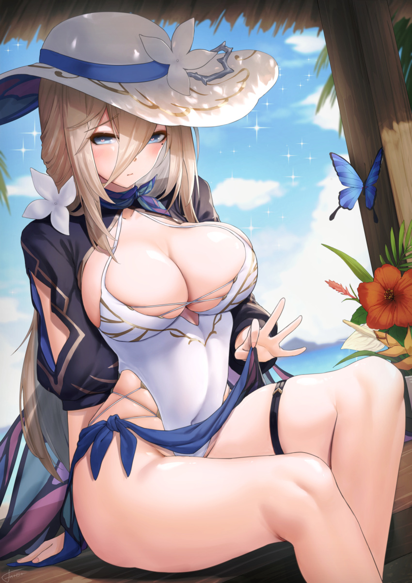 1girl aponia_(honkai_impact) beach blonde_hair blue_eyes breasts clothes_lift hat highres honkai_(series) honkai_impact_3rd large_breasts sitting skirt skirt_lift sun_hat swimsuit thick_thighs thigh_strap thighs white_swimsuit xfate
