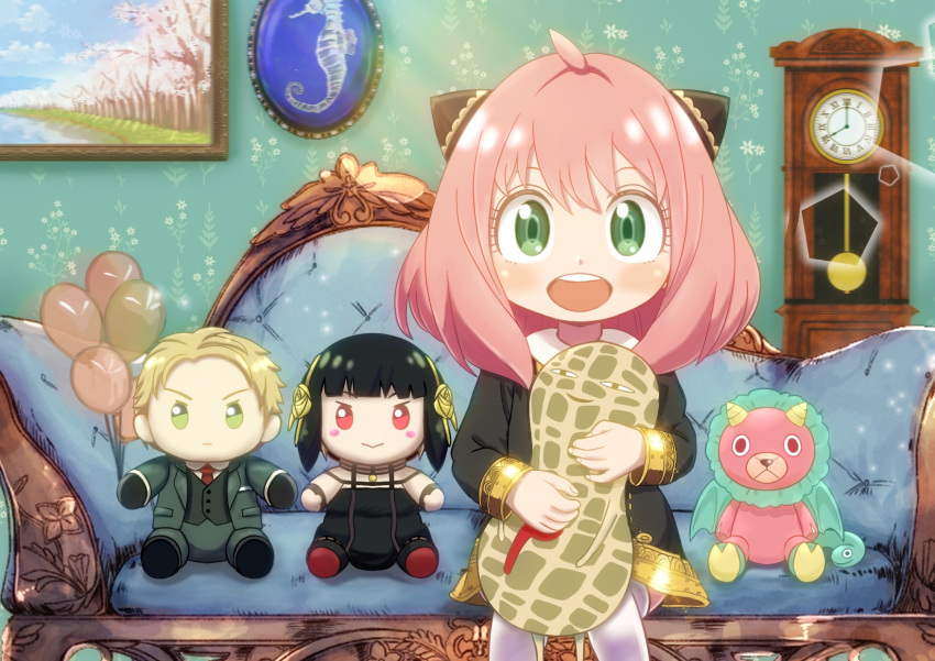 1boy 2girls :d ahoge anya_(spy_x_family) asukamama89 balloon bangs blush_stickers character_doll child clock couch director_chimera_(spy_x_family) dress grandfather_clock green_eyes hair_cones highres looking_at_viewer medium_hair multiple_girls painting_(object) peanut pink_hair sitting smile spy_x_family stuffed_toy thigh-highs twilight_(spy_x_family) wallpaper_(object) yor_briar