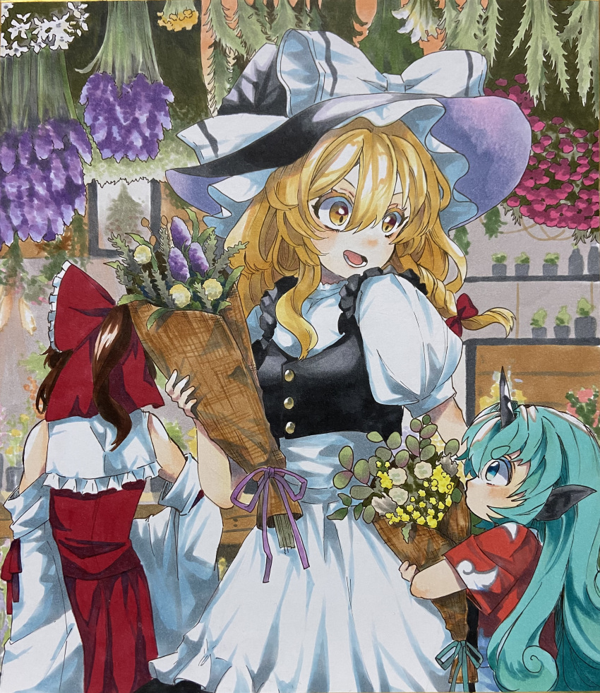 3girls absurdres apron aqua_hair aqua_ribbon black_headwear black_vest blonde_hair blue_eyes bouquet bow brown_hair cloud_print commentary detached_sleeves flower flower_shop frilled_bow frills from_below hair_between_eyes hair_bow hakurei_reimu hat hat_bow highres holding holding_bouquet horns kariyushi_shirt kirisame_marisa komano_aunn long_hair looking_at_another marker_(medium) medium_hair multiple_girls pink_flower plant potted_plant puffy_short_sleeves puffy_sleeves purple_flower red_bow red_shirt red_skirt ribbon shirt shop short_sleeves single_horn skirt sleeve_ribbon sleeveless sleeveless_shirt touhou traditional_media uchisaki_himari v-shaped_eyebrows vest waist_apron white_apron white_bow white_shirt wide_sleeves witch_hat yellow_eyes yellow_flower