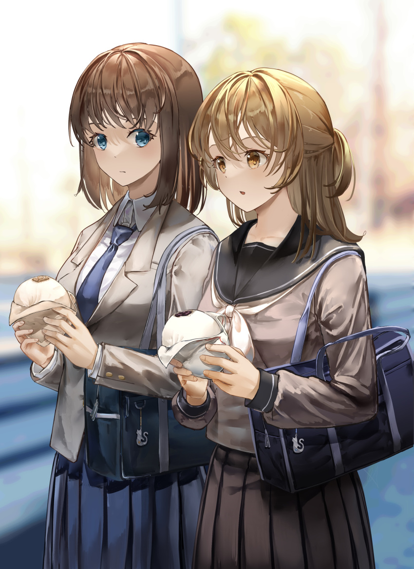 2girls absurdres aoi_hane bag blue_eyes blurry blurry_background blush brown_eyes brown_hair closed_mouth collarbone eating highres light_brown_hair long_hair looking_at_another medium_hair multiple_girls open_mouth original pleated_skirt school_bag school_uniform shoulder_bag sidelocks skirt uniform