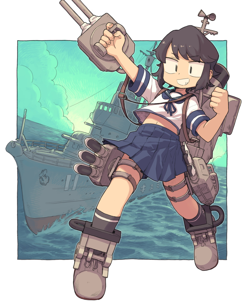 1girl bangs black_hair black_legwear blue_neckerchief blue_sailor_collar blue_skirt clenched_hand clouds commission eyebrows_visible_through_hair grin highres holding kantai_collection kneehighs military military_vehicle miyuki_(kancolle) mizuno_(okn66) neckerchief pleated_skirt rigging sailor_collar school_uniform serafuku ship short_hair short_sleeves skeb_commission skirt sky smile solo warship water watercraft