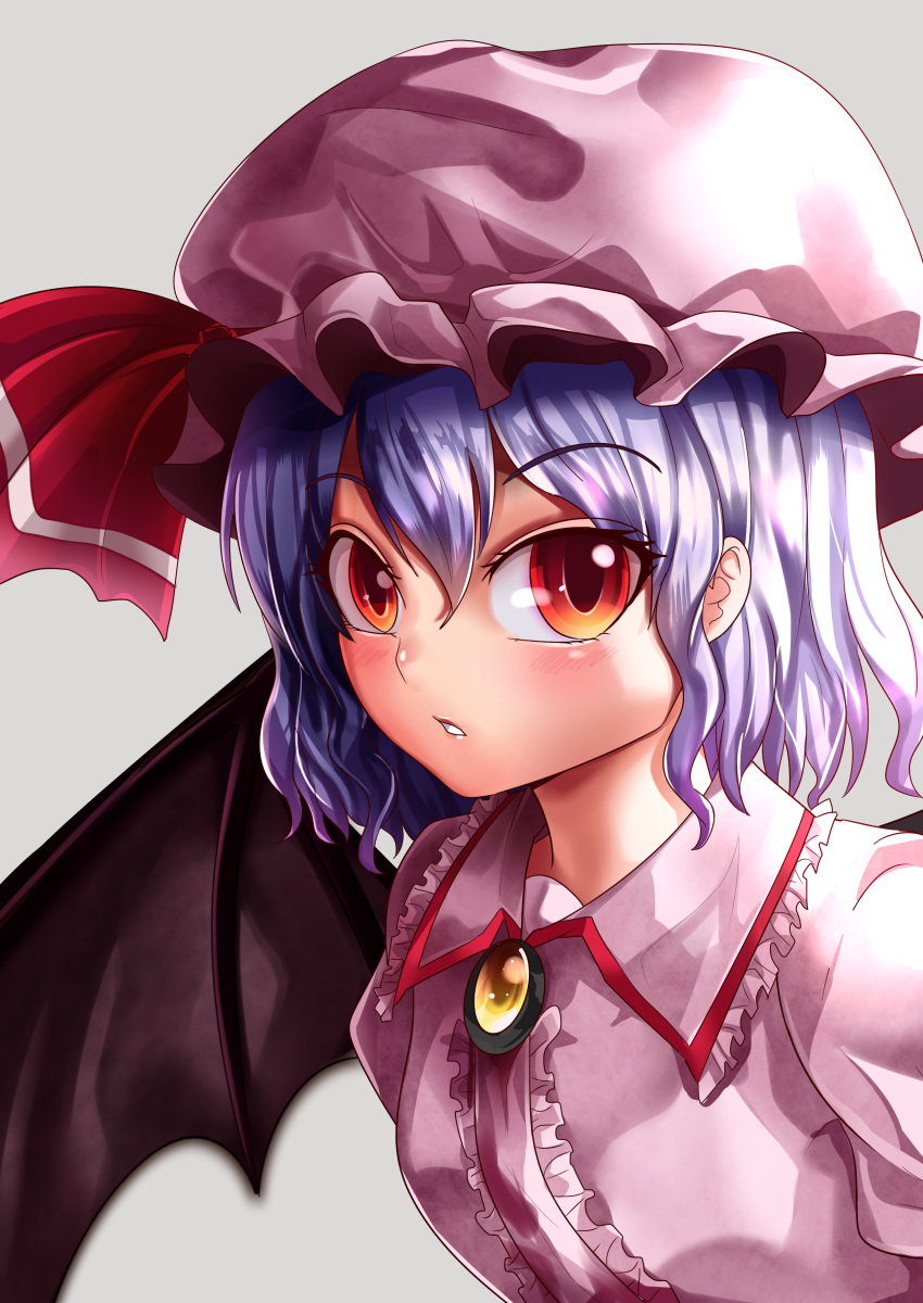 1girl absurdres bat_wings black_wings brooch center_frills collared_shirt commentary_request eyebrows_visible_through_hair frilled_shirt_collar frills grey_background hair_between_eyes hat hat_ribbon highres jewelry looking_at_viewer maboroshi_mochi mob_cap open_mouth orange_eyes pink_headwear pink_shirt purple_hair red_ribbon remilia_scarlet ribbon shirt short_hair simple_background solo touhou upper_body wings yellow_brooch