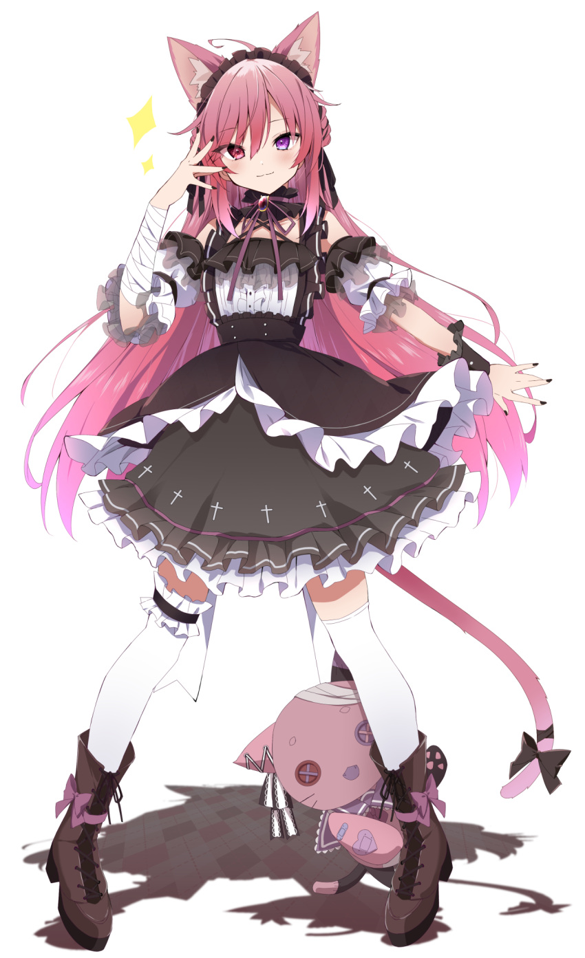 1girl animal_ears bandaged_arm bandages bangs black_bow black_nails black_skirt boots bow brown_footwear cat_ears cat_girl cat_tail center_frills closed_mouth commentary_request detached_sleeves eyebrows_visible_through_hair frilled_shirt frilled_skirt frills full_body hair_between_eyes hand_up heterochromia highres kurono_yuzuko long_hair looking_at_viewer mikeneko_(utaite) nail_polish niconico pink_hair puffy_short_sleeves puffy_sleeves red_eyes shirt short_sleeves skirt smile solo sparkle standing stuffed_animal stuffed_cat stuffed_toy tail tail_bow tail_ornament thigh-highs thighhighs_under_boots very_long_hair violet_eyes white_background white_legwear white_shirt white_sleeves