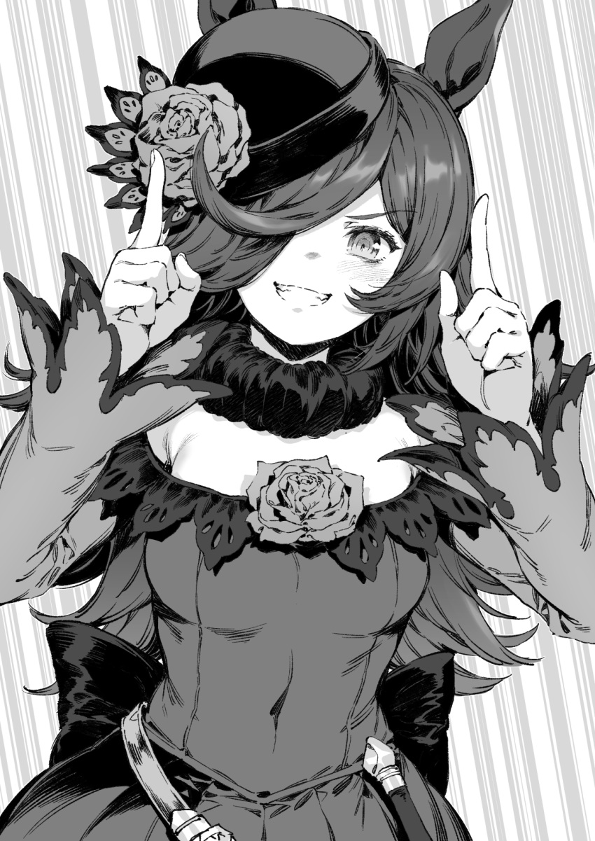 1girl animal_ears bacius bangs breasts covering_navel dress flower fur_choker greyscale grin hair_over_one_eye hat hat_flower highres horse_ears index_fingers_raised long_hair long_sleeves looking_at_viewer monochrome off-shoulder_dress off_shoulder open_mouth rice_shower_(umamusume) rose small_breasts smile solo teeth umamusume upper_body v-shaped_eyebrows