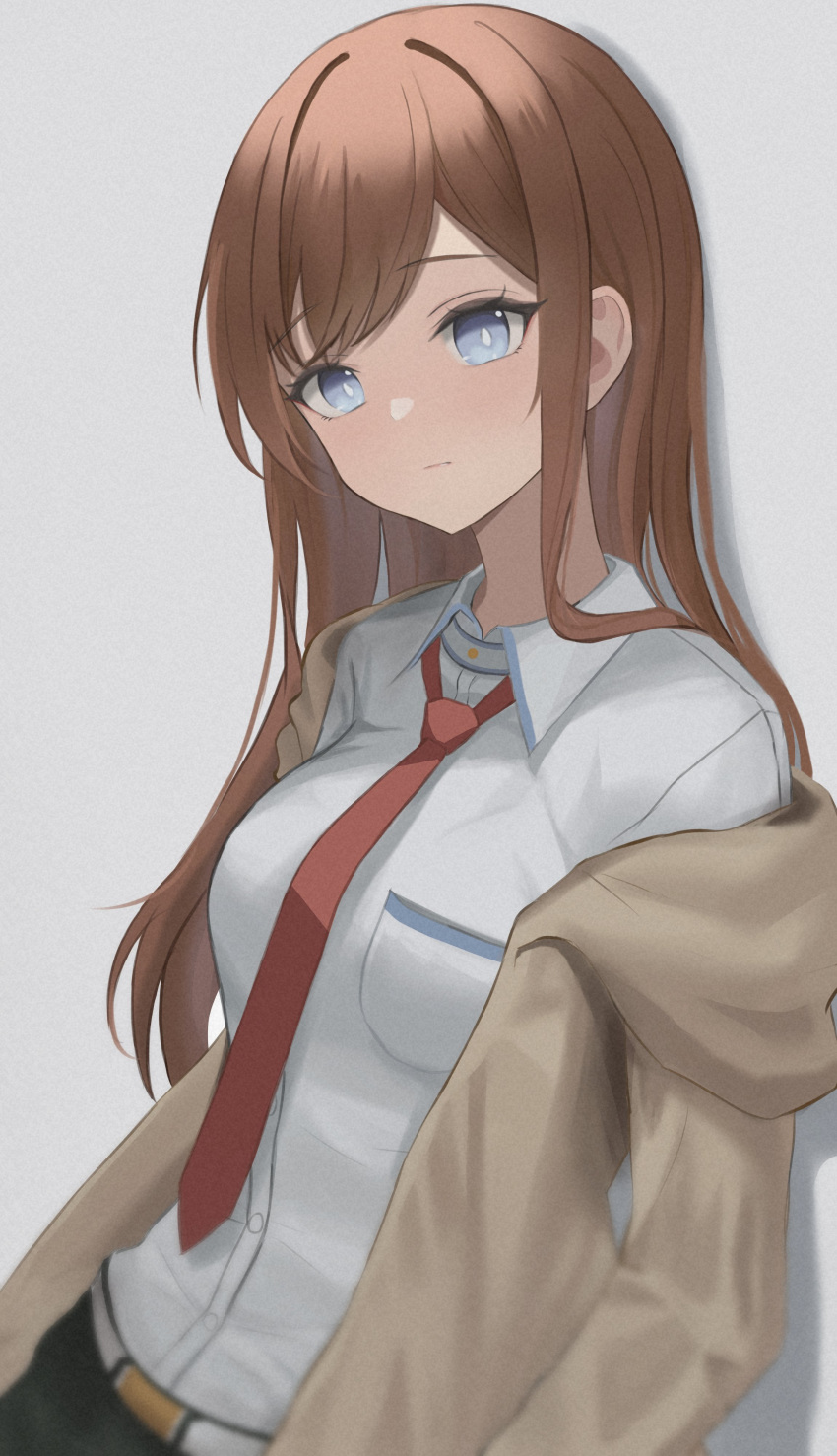 1girl absurdres bangs blue_eyes brown_hair brown_jacket closed_mouth collared_shirt dress_shirt grey_background highres jacket long_hair long_sleeves makise_kurisu necktie open_clothes open_jacket red_necktie shirt simple_background solo steins;gate straight_hair ttusee5 upper_body white_shirt wing_collar