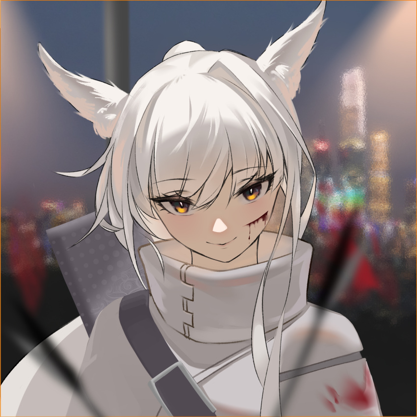 1girl absurdres animal_ears arknights arrow_(projectile) blood blood_on_clothes blood_on_face blurry blurry_foreground closed_mouth coat cuts eyebrows_visible_through_hair eyelashes hair_between_eyes highres horse_ears indoors injury long_hair looking_at_viewer night orange_eyes platinum_(arknights) ponytail pov qingshiliu quiver single_hair_intake skyline smile solo tsurime upper_body white_coat white_hair window