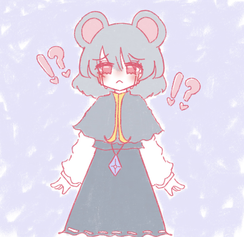 ! !? 1girl ? animal_ears bad_deviantart_id bad_id cookie_(touhou) crying crying_with_eyes_open diamond_(gemstone) dress grey_dress grey_hair heart highres jewelry layered_clothes layered_dress long_sleeves melansoda mouse_ears nazrin necklace nyon_(cookie) red_eyes tears touhou