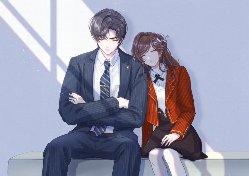 1boy 1girl absurdres artem_wing_(tears_of_themis) bangs bel_3001 belt black_jacket black_necktie black_pants brown_hair brown_skirt closed_eyes closed_mouth crossed_arms formal highres indoors jacket long_hair long_sleeves lying_on_person necktie pants pantyhose red_jacket rosa_(tears_of_themis) shadow shirt sitting skirt sleeping tears_of_themis white_legwear white_shirt