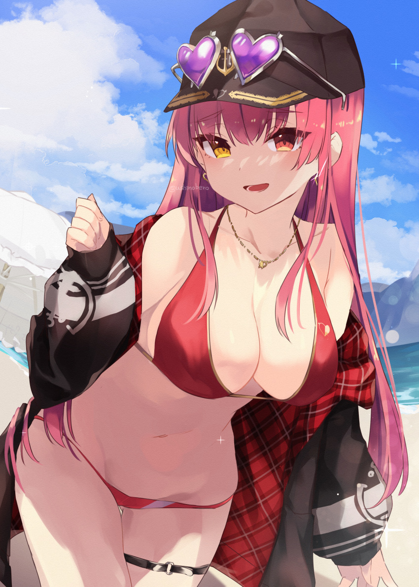 1girl absurdres bikini black_headwear black_jacket blue_sky breasts clouds commentary_request day earrings eyebrows_visible_through_hair eyewear_on_headwear hat heart heart-shaped_eyewear heart_earrings heart_necklace highres hololive houshou_marine jacket jewelry large_breasts leg_garter long_hair long_sleeves looking_at_viewer nabeniuitagomi navel outdoors red_bikini red_eyes redhead sky solo sunglasses swimsuit virtual_youtuber yellow_eyes