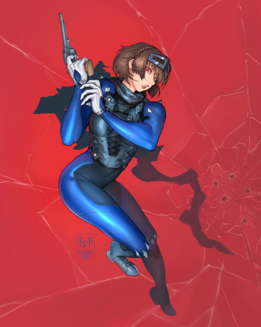 1girl aaron_bissessar bodysuit braid brown_hair bullet_hole cracked_glass crown_braid full_body gloves gun highres laces lips niijima_makoto persona persona_5 red_background red_eyes revolver scarf short_hair shoulder_spikes solo spikes steel_mask toned weapon white_gloves