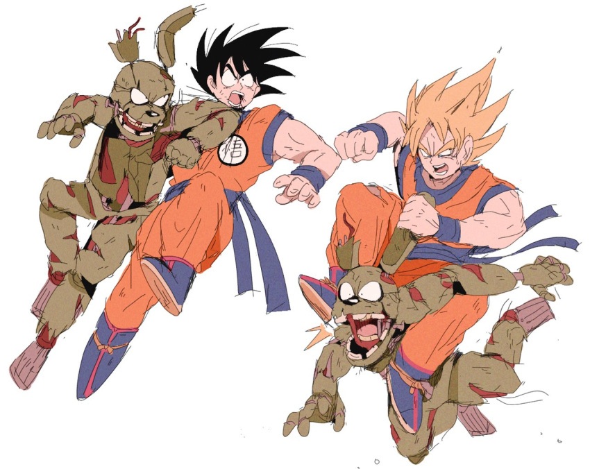 2boys animal_ears battle bendedede black_hair blonde_hair clenched_hand crossover dougi dragon_ball dragon_ball_z elbowing five_nights_at_freddy's in_the_face kicking looking_at_another male_focus multiple_boys multiple_views rabbit_ears short_hair son_goku spiky_hair springtrap super_saiyan super_saiyan_1