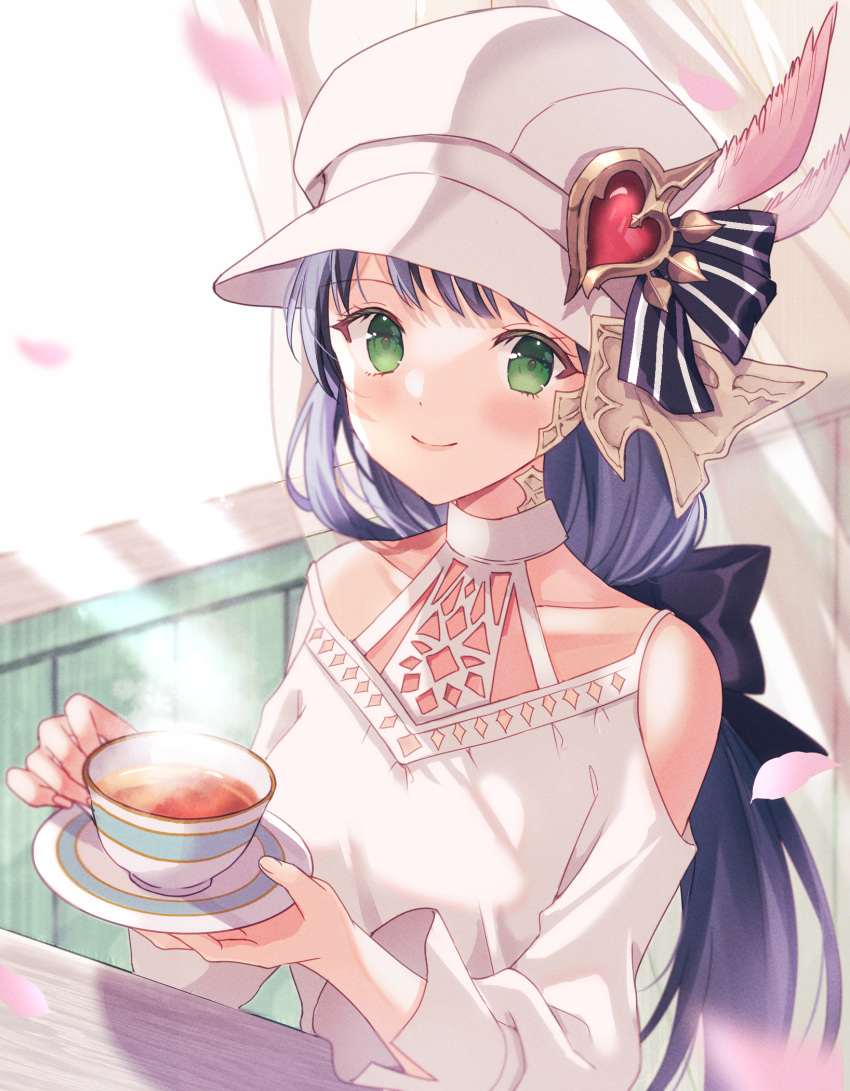1girl au_ra avatar_(ff14) bangs bare_shoulders blue_hair cabbie_hat closed_mouth collarbone commentary_request commission cup curtains dress eyebrows_visible_through_hair final_fantasy final_fantasy_xiv green_eyes hat hat_feather highres holding holding_cup holding_saucer indoors long_hair looking_at_viewer petals pink_feathers saucer skeb_commission smile solo striped su2525 sunlight table teacup upper_body very_long_hair white_dress white_headwear window