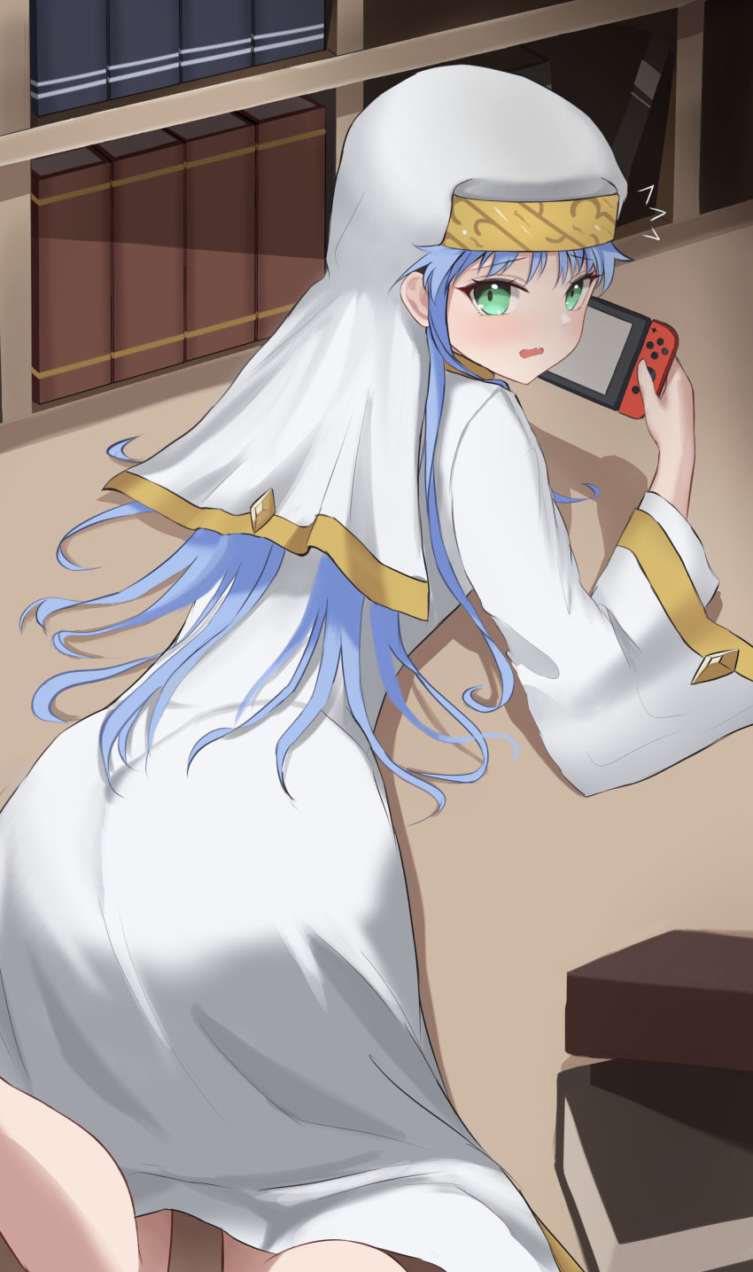 1girl absurdres bangs blue_hair dress eyebrows_visible_through_hair green_eyes highres index_(toaru_majutsu_no_index) indoors long_hair long_sleeves looking_at_viewer looking_back lying nintendo_switch nun on_stomach open_mouth solo toaru_majutsu_no_index ttusee5 veil very_long_hair white_dress