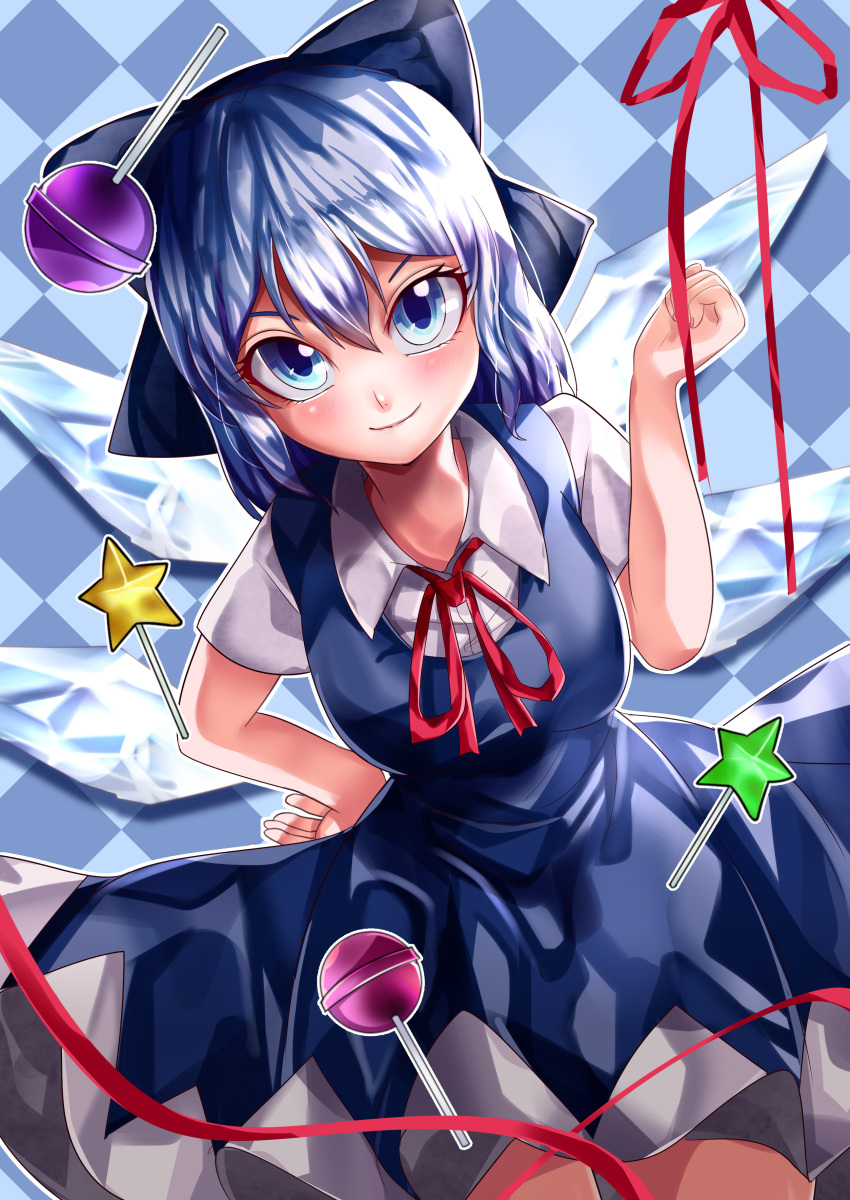 1girl absurdres blue_background blue_bow blue_dress blue_eyes bow breasts candy checkered_background cirno closed_mouth collared_shirt commentary_request cowboy_shot dress eyebrows_behind_hair food hair_between_eyes hair_bow hand_on_hip highres ice ice_wings lollipop looking_at_viewer maboroshi_mochi neck_ribbon pinafore_dress red_ribbon ribbon shirt short_hair short_sleeves small_breasts smile solo touhou v-shaped_eyebrows wand white_shirt wings
