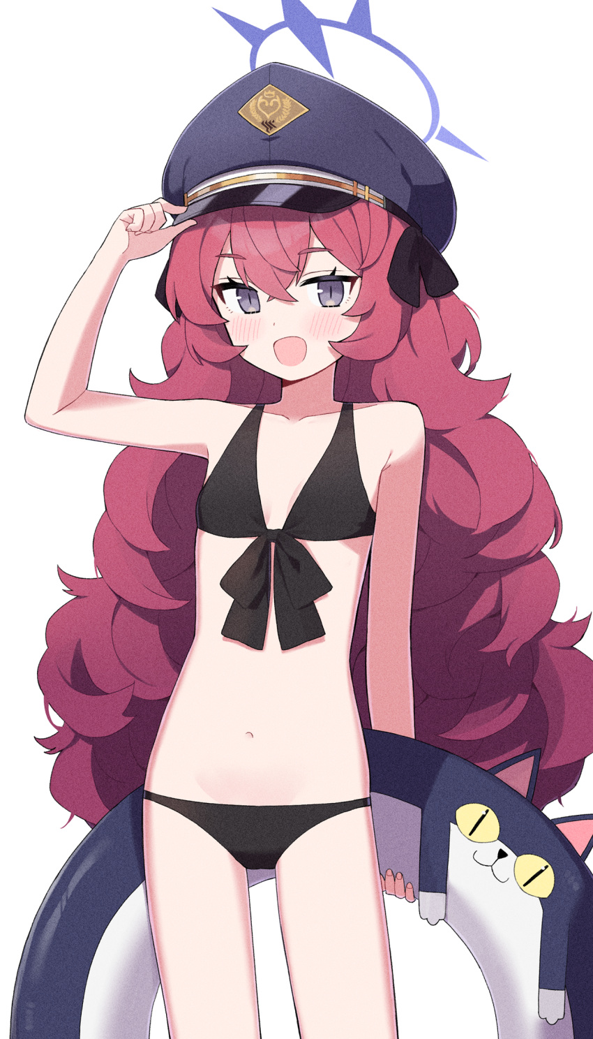 1girl :d bangs bikini billbung black_bikini blue_archive blue_headwear blush crossed_bangs eyebrows_visible_through_hair flat_chest grey_eyes hair_between_eyes halo hand_up hat highres holding iroha_(blue_archive) long_hair looking_at_viewer navel open_mouth peaked_cap redhead simple_background smile solo swimsuit white_background