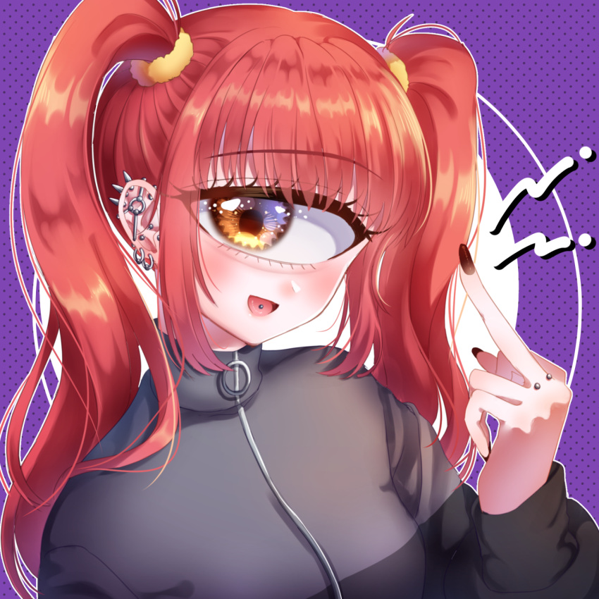 1girl :d azen_(mntimcczgrtn) bangs blush cyclops ear_piercing earrings eyebrows_visible_through_hair finger_piercing highres jacket jewelry long_hair long_sleeves looking_to_the_side middle_finger monster_girl multiple_earrings nail_polish one-eyed open_mouth original piercing redhead scrunchie smile solo tongue_piercing track_jacket twintails yellow_eyes zipper_pull_tab