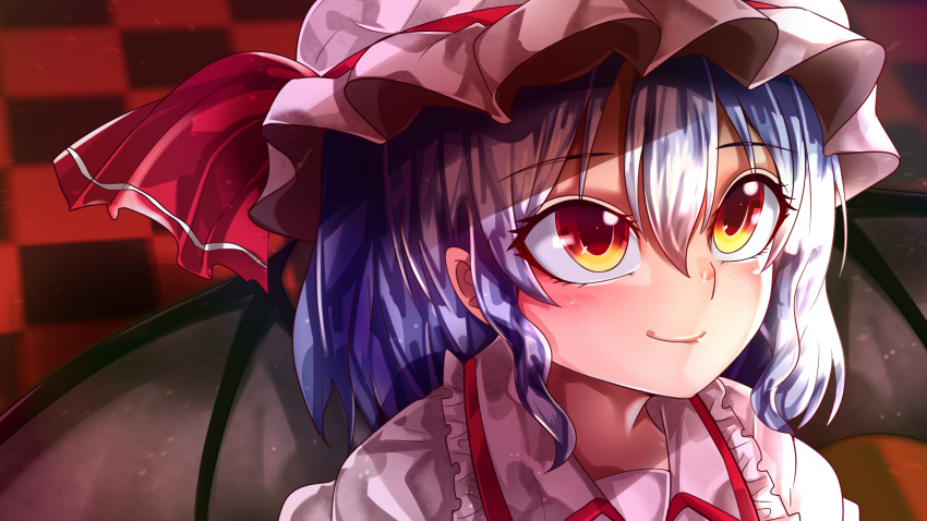 1girl bat_wings black_wings blurry blurry_background checkered_floor close-up closed_mouth collared_shirt commentary_request eyebrows_visible_through_hair face frilled_shirt_collar frills hair_between_eyes hat hat_ribbon highres maboroshi_mochi medium_hair mob_cap orange_eyes pink_headwear purple_hair red_ribbon remilia_scarlet ribbon shirt smile solo touhou white_shirt wings