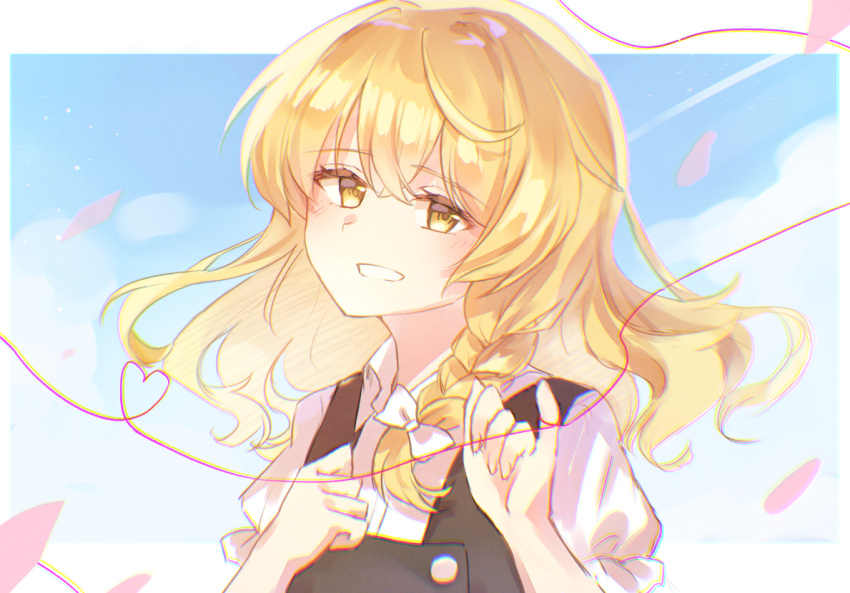 1girl ameria_(artist) bangs blonde_hair blue_sky blush border bow braid buttons closed_mouth clouds cloudy_sky collared_shirt commentary_request crossed_arms dress eyebrows_visible_through_hair eyes_visible_through_hair fingernails grey_dress hair_between_eyes hair_bow hands_up heart heart_of_string kirisame_marisa long_fingernails long_hair looking_at_viewer no_hat no_headwear petals puffy_short_sleeves puffy_sleeves shirt short_sleeves single_braid sky smile solo teeth touhou upper_body white_border white_bow white_shirt yellow_eyes