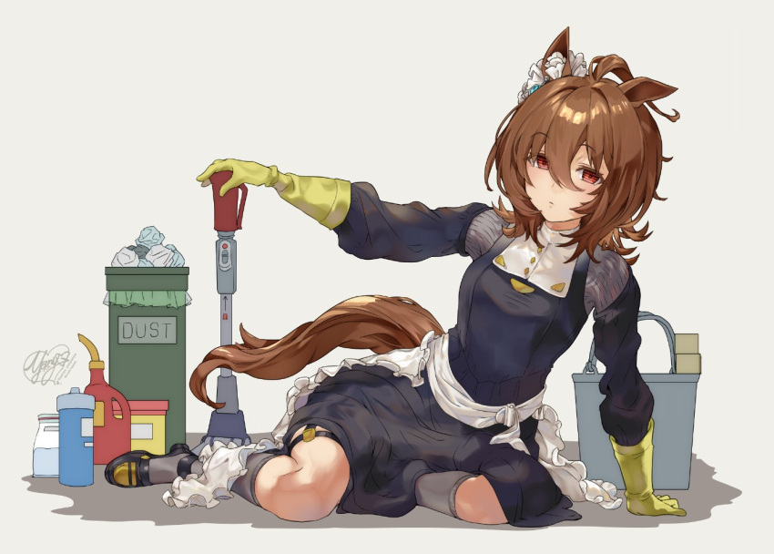 1girl agnes_tachyon_(umamusume) alternate_costume animal_ears apron arm_support artist_logo artist_name bangs black_dress black_footwear breasts brown_hair bucket closed_mouth detached_sleeves dress full_body gloves grey_legwear hair_between_eyes high_heels horse_ears horse_girl horse_tail kneehighs long_hair medium_hair red_eyes rubber_gloves sitting small_breasts solo tail trash_can umamusume waist_apron yanyo_(ogino_atsuki) yellow_gloves yokozuwari