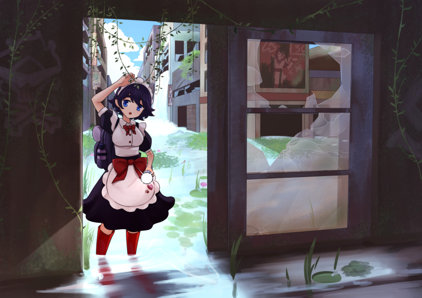 1girl :o backpack bag bangs black_hair blue_eyes boots broken_glass city dress flashlight flipped_hair glass holding holding_flashlight holding_plant kneehighs lily_pad looking_to_the_side maid maid_headdress open_mouth original pankeiki partially_submerged plant puffy_short_sleeves puffy_sleeves ruins scenery short_hair short_sleeves solo vines water