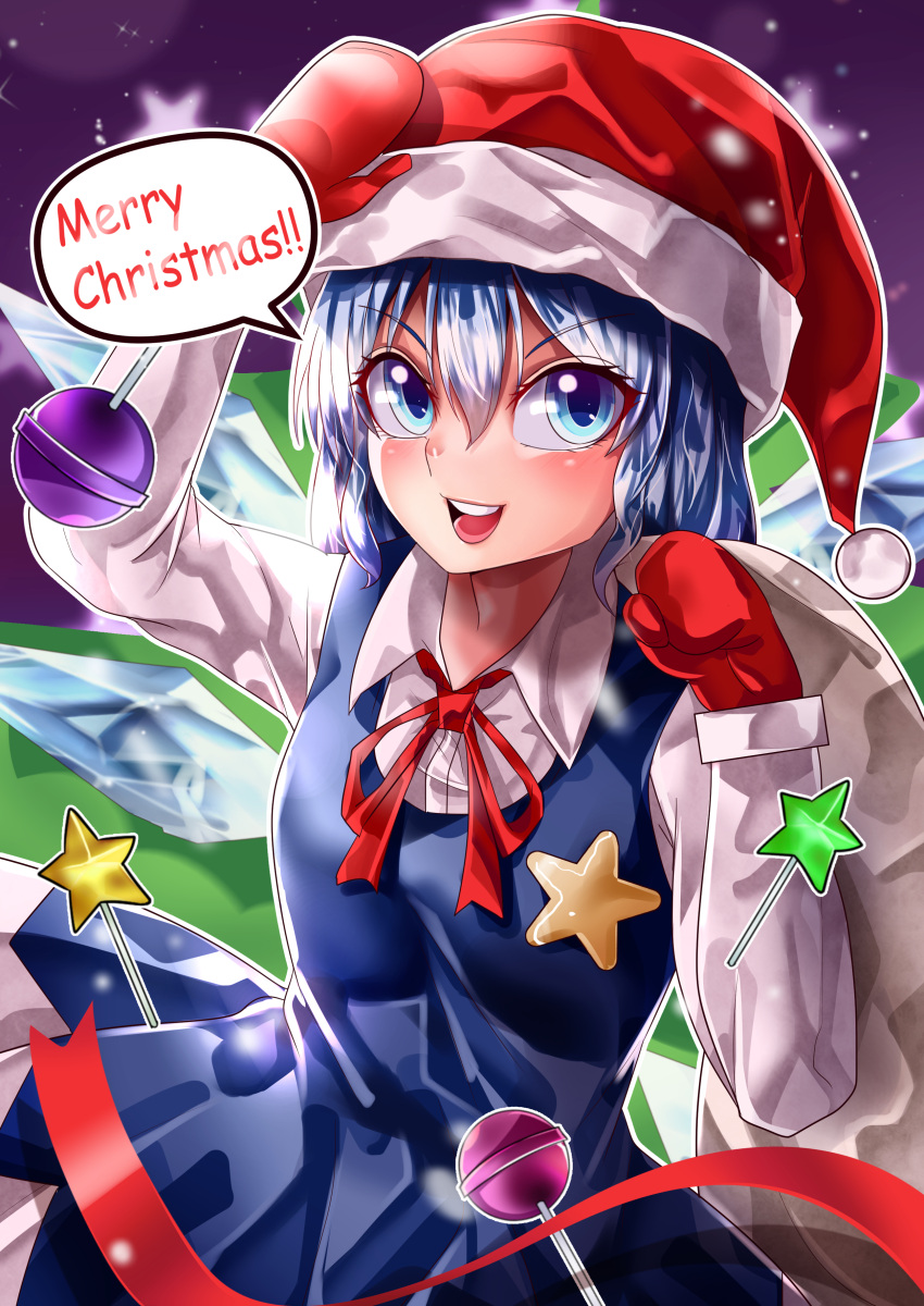 1girl :d absurdres blue_dress blue_eyes blue_hair breasts candy cirno clenched_hand collared_shirt commentary_request dress english_text eyebrows_visible_through_hair food hand_on_headwear hat highres ice ice_wings lollipop long_sleeves looking_at_viewer maboroshi_mochi medium_hair merry_christmas neck_ribbon open_mouth pinafore_dress purple_background red_mittens red_ribbon ribbon santa_hat shiny shiny_hair shirt small_breasts smile solo speech_bubble teeth touhou upper_teeth v-shaped_eyebrows wand white_shirt wings