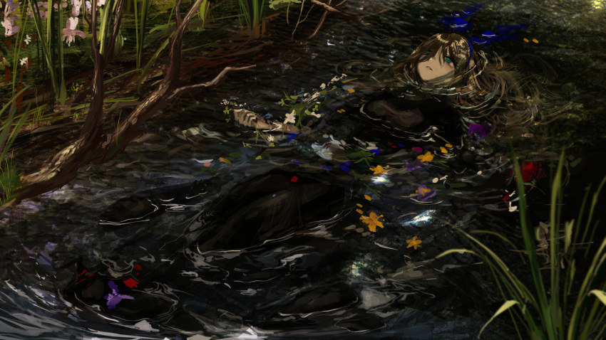 1girl afloat black_dress blue_bow bow brown_hair dress flower green_eyes hair_bow hair_spread_out long_dress long_hair lying narue on_back ophelia_(painting) original outdoors parted_lips river solo