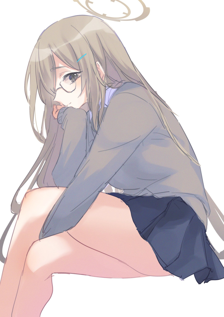 1girl akane_(blue_archive) bangs blue_archive blue_skirt breasts brown_eyes brown_hair crossed_legs from_side glasses hair_ornament hairclip halo head_rest highres invisible_chair kyuuri_(miyako) long_hair long_sleeves pleated_skirt profile simple_background sitting sketch skirt solo very_long_hair white_background