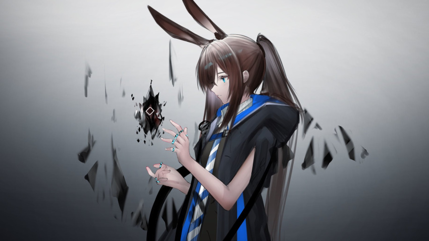 1girl alternate_costume amiya_(arknights) animal_ears arknights bad_id bad_twitter_id black_jacket blue_eyes brown_hair commentary eugle_na extra_ears from_side gradient gradient_background grey_background hands_up highres jacket jewelry long_hair multiple_rings open_clothes open_jacket originium_(arknights) originium_arts_(arknights) ponytail rabbit_ears ring sidelocks simple_background solo