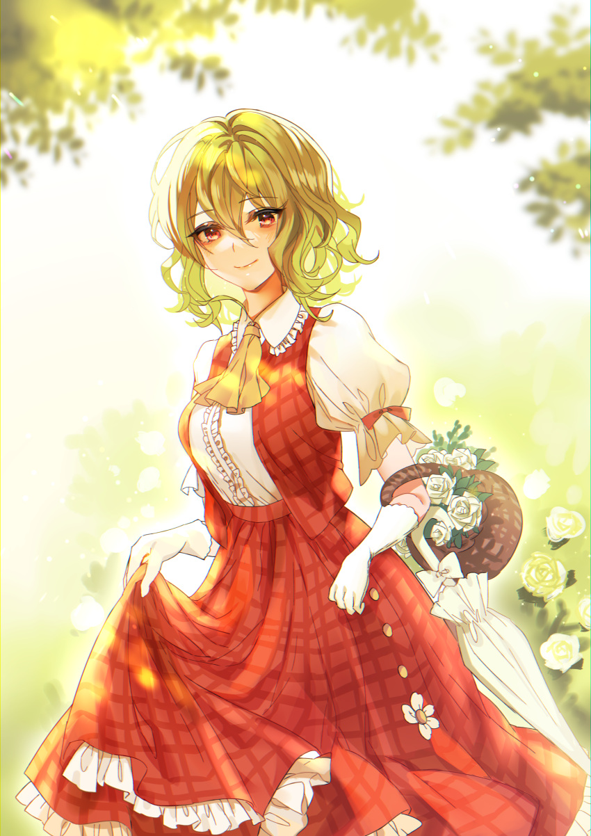 1girl absurdres ascot bangs basket blurry blush breasts collared_shirt day eyebrows_visible_through_hair feet_out_of_frame flower green_hair hair_between_eyes highres kanta_(pixiv9296614) kazami_yuuka light_smile looking_at_viewer open_clothes open_vest petticoat plaid plaid_skirt plaid_vest puffy_short_sleeves puffy_sleeves red_eyes red_skirt red_vest rose shirt short_hair short_sleeves skirt skirt_hold skirt_set solo standing touhou vest wavy_hair white_flower white_rose white_shirt