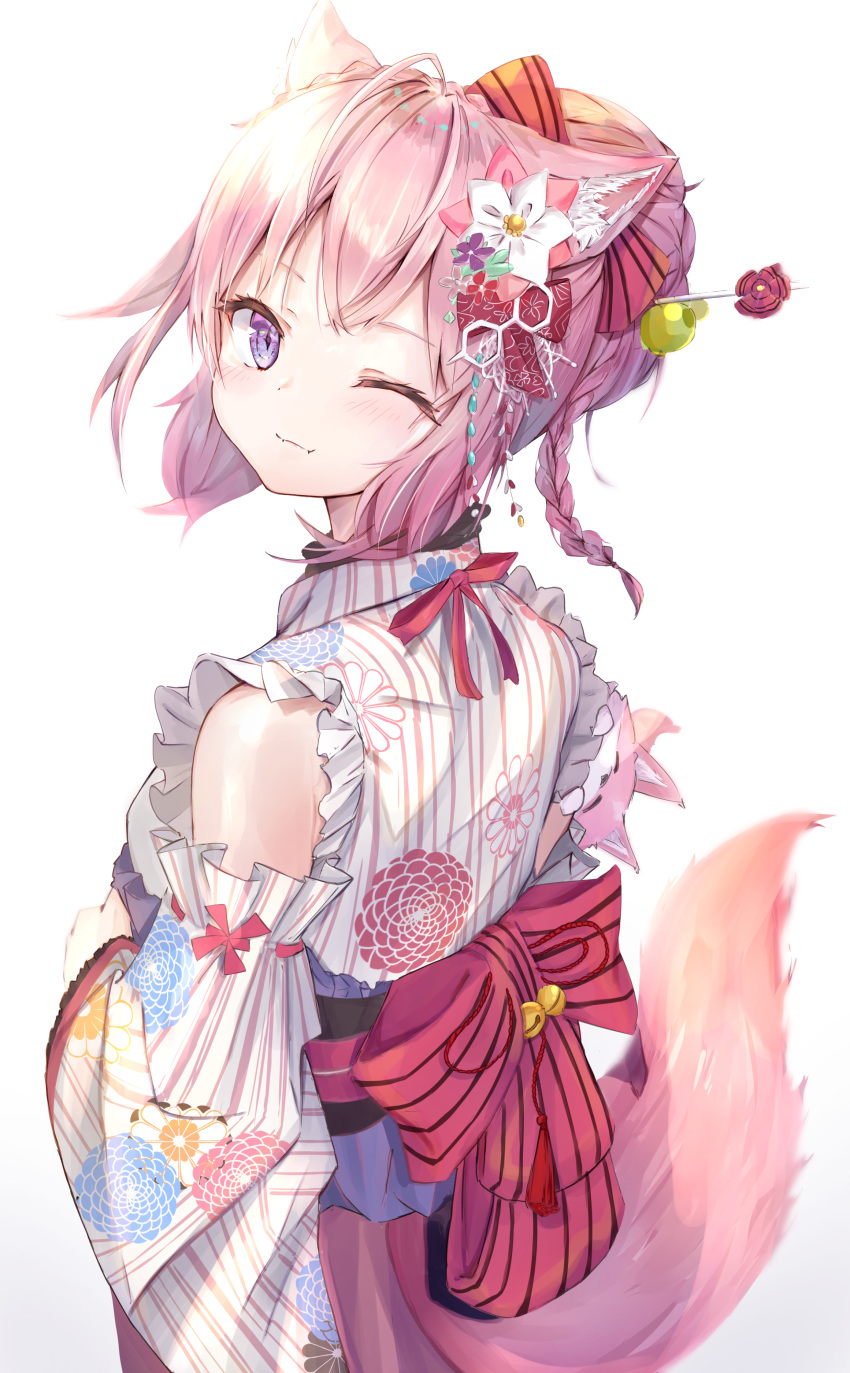1girl ;) absurdres animal_ear_fluff animal_ears blush breasts closed_mouth coyote_ears coyote_girl coyote_tail floral_print flower from_behind hair_bun hair_flower hair_ornament hair_stick hakui_koyori highres hololive japanese_clothes kimono long_sleeves looking_at_viewer looking_back mihasu one_eye_closed pink_hair print_kimono short_hair simple_background smile solo tail violet_eyes virtual_youtuber white_background white_kimono