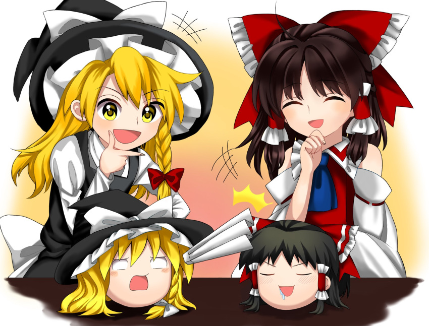 4girls :d ^_^ ascot back_bow bangs black_hair black_headwear black_skirt black_vest blonde_hair blue_ascot blush bow braid closed_eyes collared_shirt commentary_request detached_sleeves eyebrows_visible_through_hair fingernails frilled_bow frilled_hat frills hair_bow hair_tubes hakurei_reimu hand_on_own_chin happy harukawa_moe_(style) hat hat_bow highres juliet_sleeves keiki8296 kirisame_marisa laughing long_hair long_sleeves multiple_girls nontraditional_miko open_mouth puffy_sleeves red_bow red_vest saliva shirt short_hair side_braid sidelocks single_bang skirt smile touhou vest waist_bow white_bow white_sleeves wide_sleeves witch witch_hat yellow_eyes yukkuri_shiteitte_ne