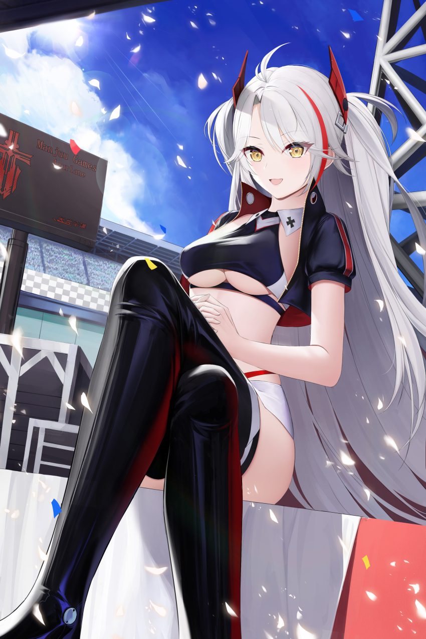 1girl absurdres azur_lane bangs blue_sky boots breasts clouds crossed_legs day english_commentary grey_eyes grey_hair highres iron_blood_(emblem) jacket jacket_on_shoulders latex long_hair looking_at_viewer official_alternate_costume prinz_eugen_(azur_lane) prinz_eugen_(final_lap)_(azur_lane) racequeen revision sitting sky smile solo sunlight thigh-highs thigh_boots under_boob yellow_eyes yu_(want_rou_nai_zi)