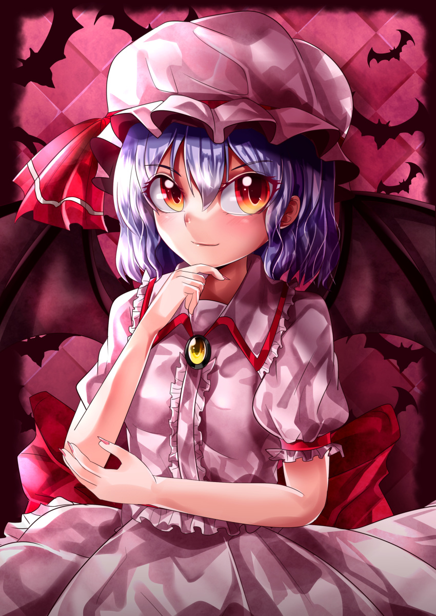 1girl absurdres back_bow bat bat_wings bow brooch center_frills checkered_background closed_mouth collared_shirt commentary_request eyebrows_visible_through_hair frilled_shirt frilled_shirt_collar frilled_skirt frilled_sleeves frills hair_between_eyes hand_on_own_chin hat hat_ribbon highres jewelry looking_at_viewer maboroshi_mochi mob_cap orange_eyes pink_background pink_headwear pink_shirt pink_skirt puffy_short_sleeves puffy_sleeves purple_hair red_bow red_ribbon remilia_scarlet ribbon shirt short_hair short_sleeves skirt smile solo touhou wings yellow_brooch