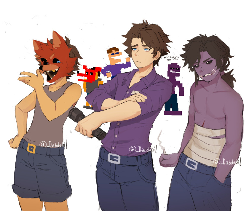 1boy age_progression bandages black_sclera blue_eyes brown_hair colored_sclera colored_skin crying_child's_brother_(fnaf) dabi_bill five_nights_at_freddy's five_nights_at_freddy's:_pizzeria_simulator five_nights_at_freddy's:_sister_location five_nights_at_freddy's_4 flashlight fox_mask highres holding holding_flashlight mask mask_on_head michael_afton multiple_persona purple_shirt purple_skin shirt short_hair shorts tank_top younger