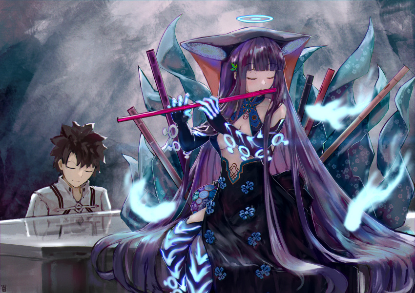 1boy 1girl absurdres bangs bare_shoulders black_dress black_gloves black_hair black_headwear black_legwear blue_fire blunt_bangs blush breasts center_opening closed_eyes dress elbow_gloves fate/grand_order fate_(series) fire fish flute fujimaru_ritsuka_(male) fujimaru_ritsuka_(male)_(decisive_battle_chaldea_uniform) gloves hair_ornament halo highres instrument jacket large_breasts leaf_hair_ornament long_hair music ootato piano playing_instrument purple_hair short_hair sitting smile thigh-highs thighs very_long_hair white_jacket yang_guifei_(fate)