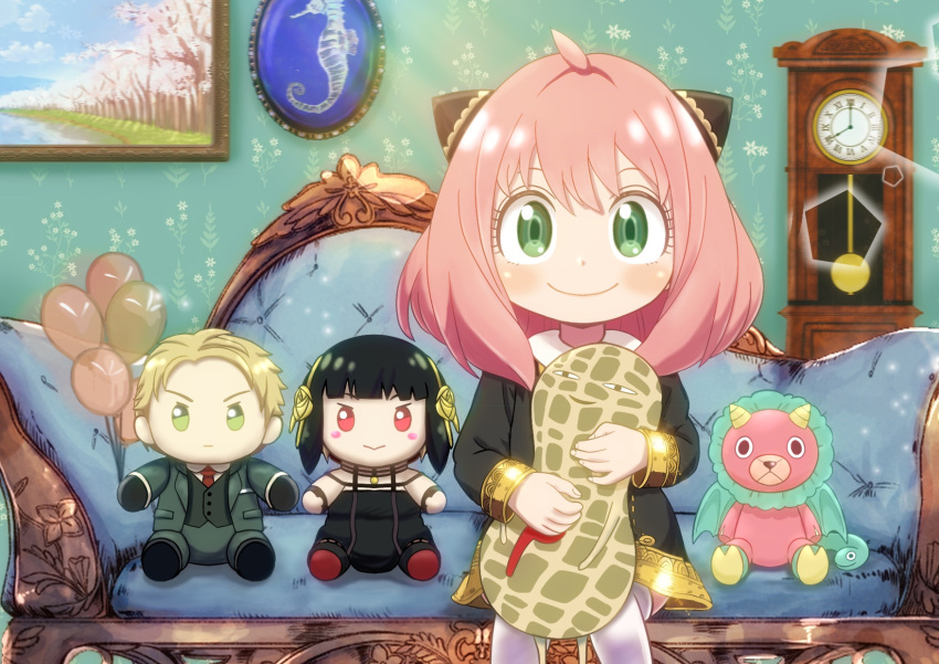 1boy 2girls ahoge anya_(spy_x_family) asukamama89 balloon bangs blush_stickers character_doll child clock couch director_chimera_(spy_x_family) dress grandfather_clock green_eyes hair_cones highres looking_at_viewer medium_hair multiple_girls painting_(object) peanut pink_hair sitting smile spy_x_family stuffed_toy thigh-highs twilight_(spy_x_family) wallpaper_(object) yor_briar