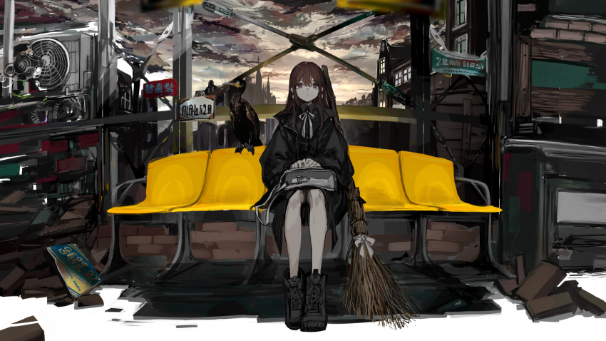 1girl ankle_boots bag bench black_coat boots broom brown_eyes brown_hair closed_mouth clouds cloudy_sky coat cormorant dot_nose highres legs_together long_hair narue neck_ribbon original pale_skin ribbon sitting sky solo tagme white_ribbon