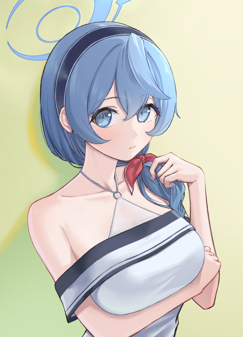 1girl absurdres ako_(blue_archive) alternate_costume alternate_hairstyle arm_under_breasts blue_archive blue_eyes blue_hair breasts collarbone dress hairband halo highres large_breasts looking_at_viewer off-shoulder_dress off_shoulder side_ponytail simple_background sjuno solo upper_body