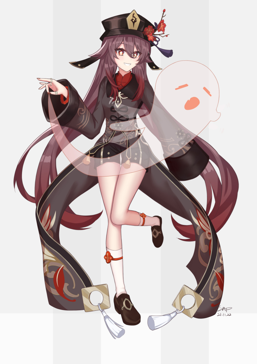 1girl :d absurdres bangs black_footwear black_shorts brown_hair chinese_clothes commentary_request eyebrows_visible_through_hair flower full_body genshin_impact ghost grin hair_between_eyes hat hat_flower hat_ornament highres holding hu_tao_(genshin_impact) jewelry kneehighs long_hair long_sleeves looking_at_viewer nanzii_shengtu_a orange_eyes ring shoes short_shorts shorts sidelocks simple_background smile solo standing standing_on_one_leg symbol-shaped_pupils twintails white_background