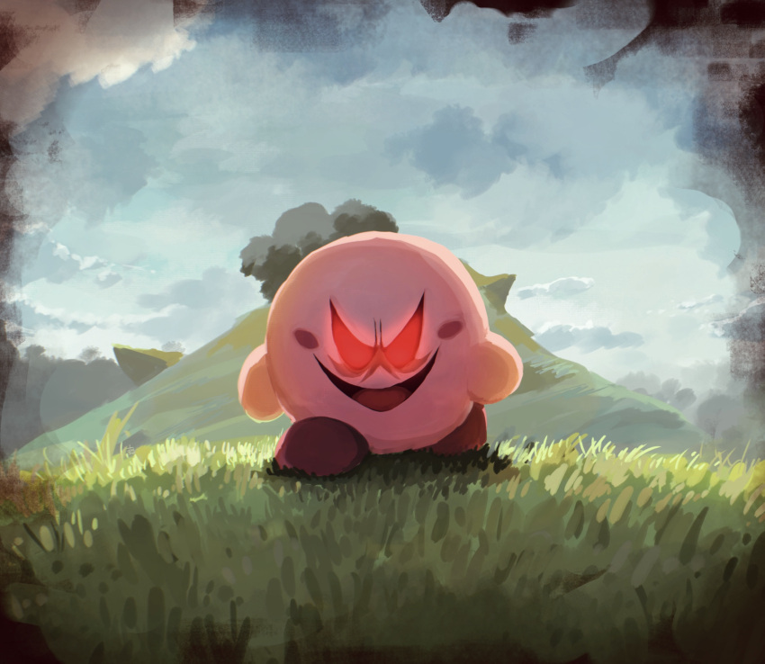 clouds cloudy_sky day evil_eyes evil_smile frown glowing glowing_eyes grass highres kirby kirby_(series) landscape looking_at_viewer mountain open_mouth red_eyes sky smile solo suyasuyabi tongue walking