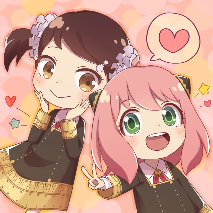 2girls :&gt; :d anya_(spy_x_family) becky_blackbell black_dress brown_eyes brown_hair dmanya dress eden_academy_uniform gold_trim green_eyes hair_cones hands_on_own_cheeks hands_on_own_face heart highres long_sleeves medium_hair multiple_girls pink_background pink_hair round_teeth short_twintails smile spoken_heart spy_x_family star_(symbol) teeth tongue twintails upper_teeth v wing_collar