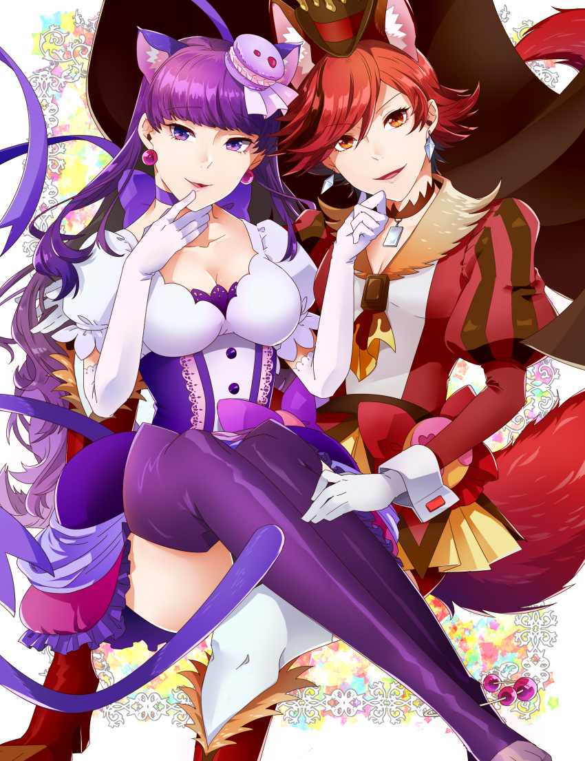 2girls absurdres animal_ears boots breasts brown_cape brown_choker cape choker cure_chocolat cure_macaron dog_ears dog_tail earrings extra_ears eyebrows_visible_through_hair food-themed_hair_ornament gradient gradient_background hair_ornament hat highres jewelry kenjou_akira kirakira_precure_a_la_mode kotozume_yukari lips long_sleeves macaron_hair_ornament magical_girl medium_breasts medium_hair miyashirou_(312_1mmm1_213) multiple_girls precure puffy_long_sleeves puffy_short_sleeves puffy_sleeves purple_hair purple_tail red_eyes redhead short_sleeves shorts sitting sitting_on_person small_breasts smile spiky_hair tail thigh-highs thigh_boots thighs top_hat violet_eyes white_background